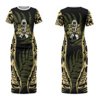 White Ribbon Day New Zealand Couples Matching Short Sleeve Bodycon Dress and Long Sleeve Button Shirt Respect Women Maori Pattern Yellow
