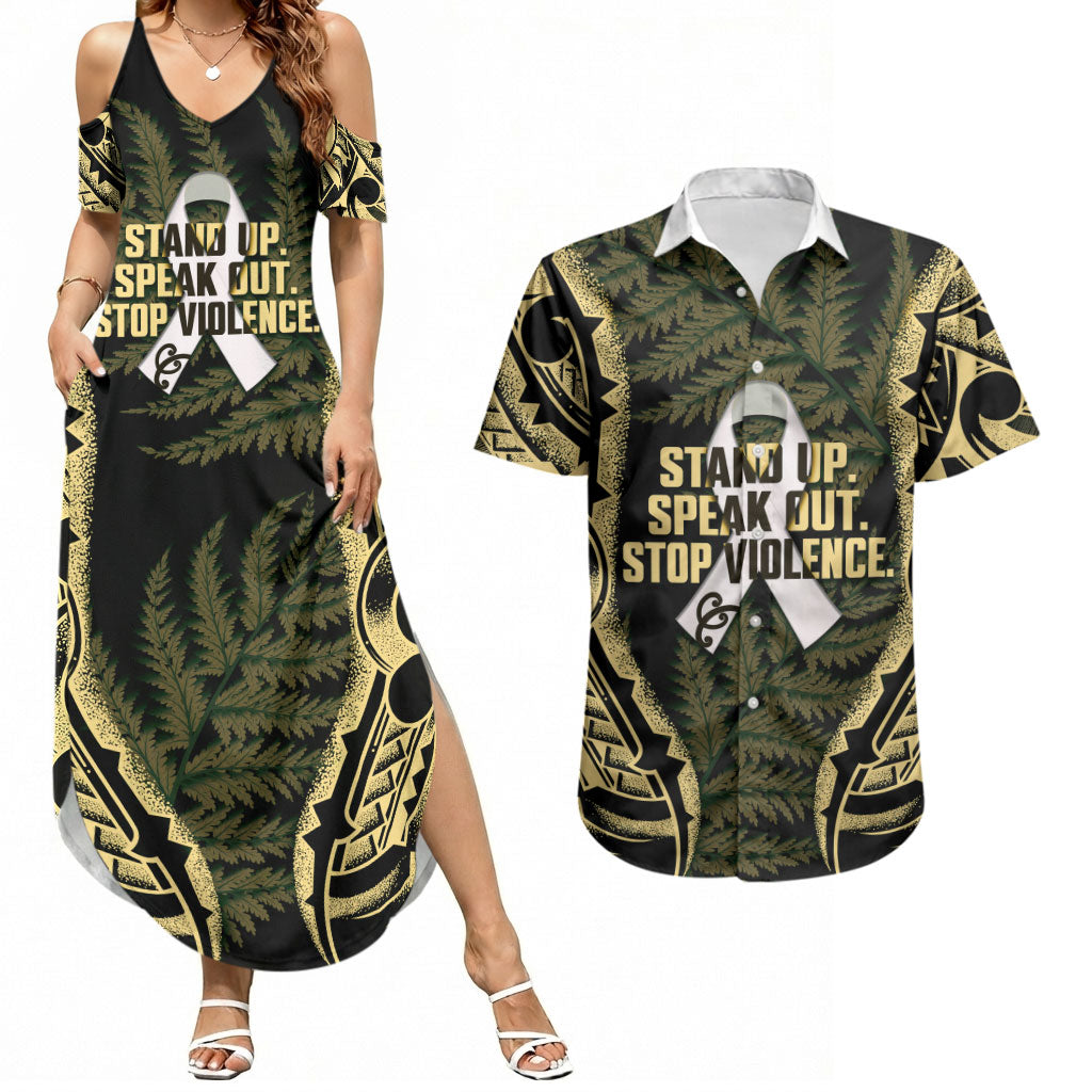 White Ribbon Day New Zealand Couples Matching Summer Maxi Dress and Hawaiian Shirt Respect Women Maori Pattern Yellow