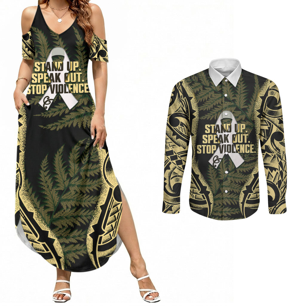 White Ribbon Day New Zealand Couples Matching Summer Maxi Dress and Long Sleeve Button Shirt Respect Women Maori Pattern Yellow