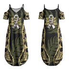 White Ribbon Day New Zealand Couples Matching Summer Maxi Dress and Long Sleeve Button Shirt Respect Women Maori Pattern Yellow