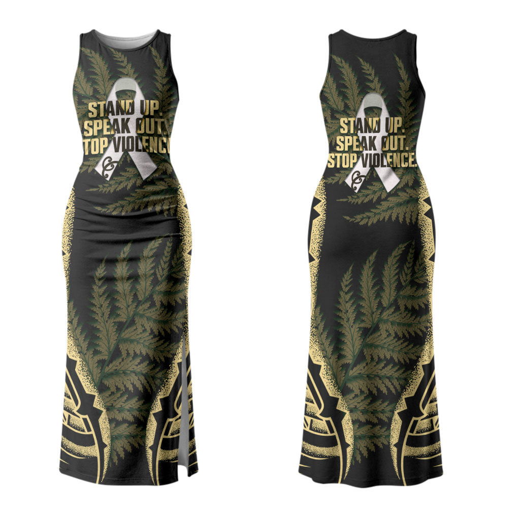 White Ribbon Day New Zealand Couples Matching Tank Maxi Dress and Long Sleeve Button Shirt Respect Women Maori Pattern Yellow