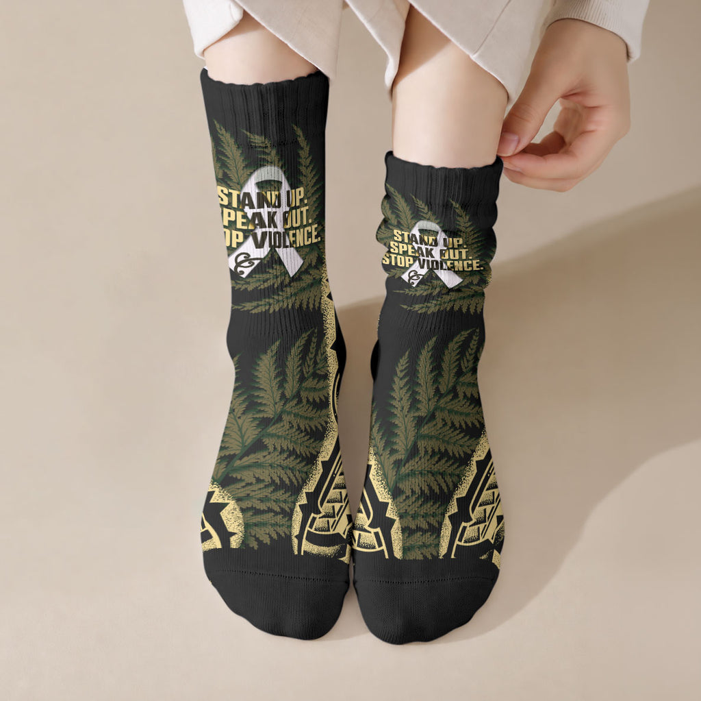 White Ribbon Day New Zealand Crew Socks Respect Women Maori Pattern Yellow