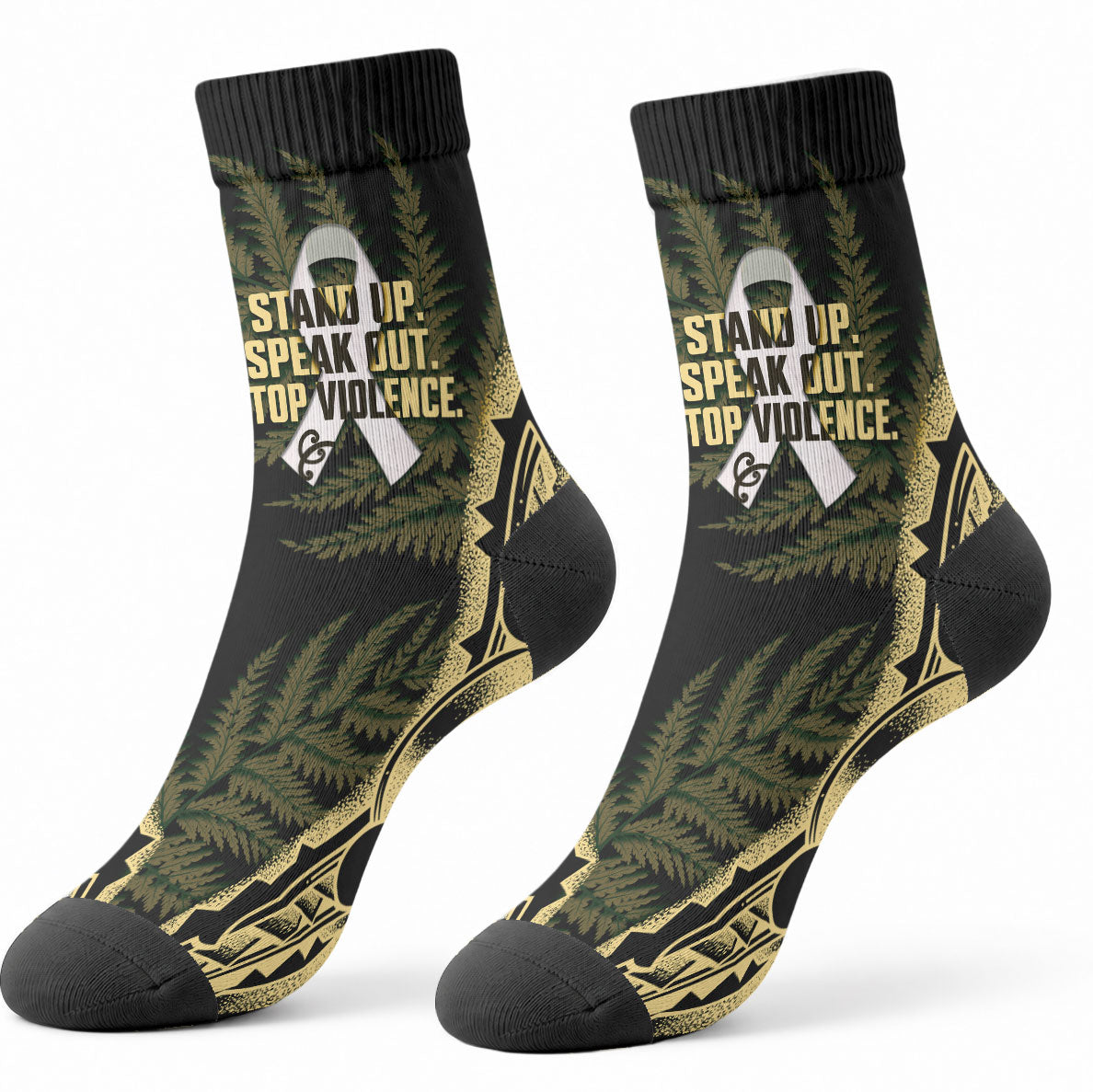 White Ribbon Day New Zealand Crew Socks Respect Women Maori Pattern Yellow