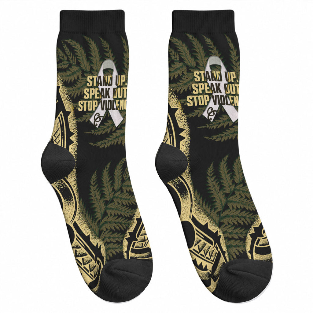 White Ribbon Day New Zealand Crew Socks Respect Women Maori Pattern Yellow