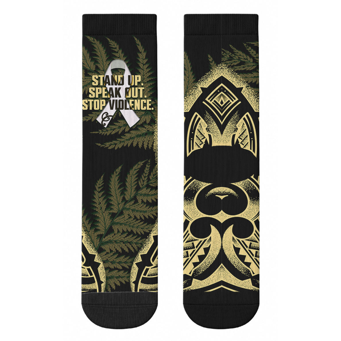 White Ribbon Day New Zealand Crew Socks Respect Women Maori Pattern Yellow