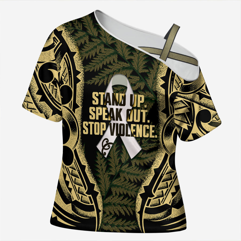 White Ribbon Day New Zealand Cross Shoulder Shirt Respect Women Maori Pattern Yellow