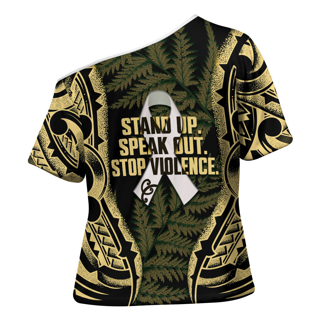 White Ribbon Day New Zealand Cross Shoulder Shirt Respect Women Maori Pattern Yellow