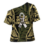 White Ribbon Day New Zealand Cross Shoulder Shirt Respect Women Maori Pattern Yellow