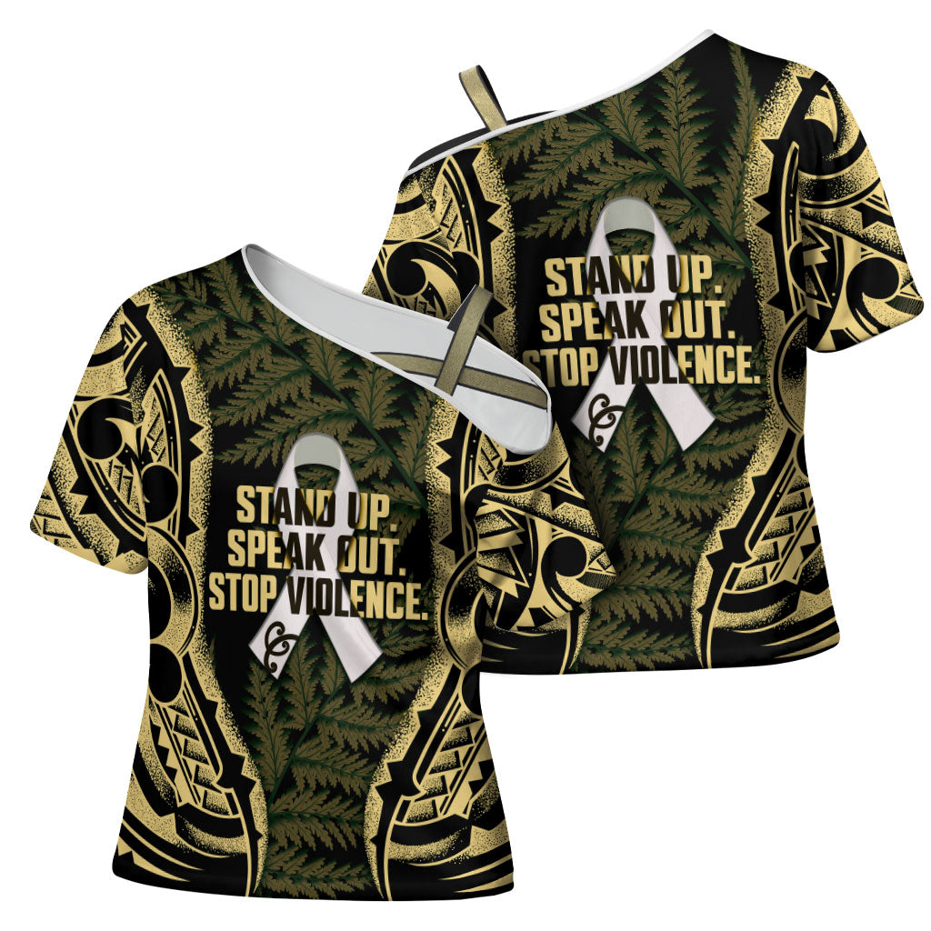 White Ribbon Day New Zealand Cross Shoulder Shirt Respect Women Maori Pattern Yellow
