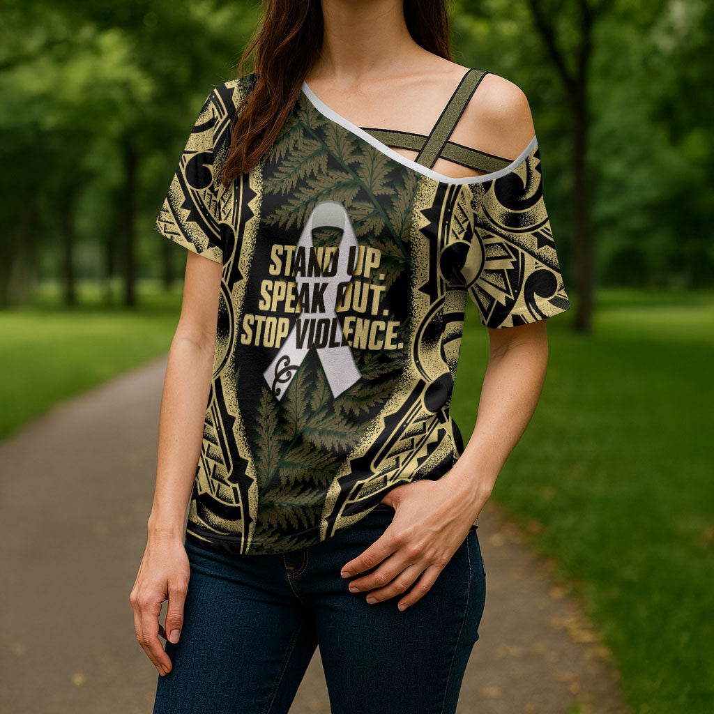 White Ribbon Day New Zealand Cross Shoulder Shirt Respect Women Maori Pattern Yellow