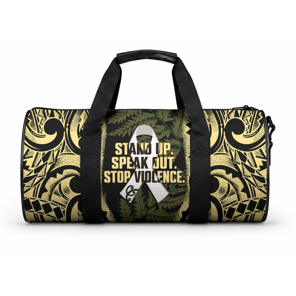 White Ribbon Day New Zealand Duffle Bag Respect Women Maori Pattern Yellow