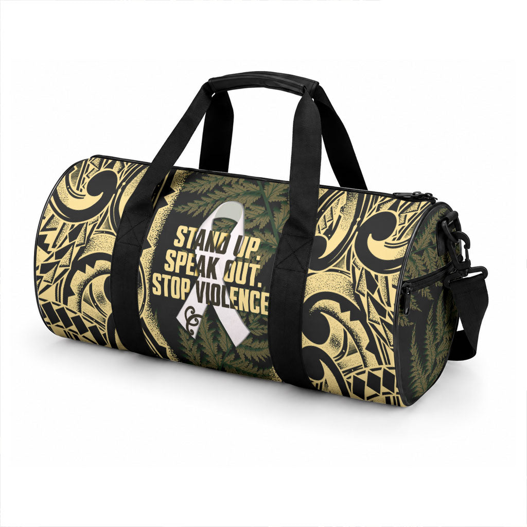 White Ribbon Day New Zealand Duffle Bag Respect Women Maori Pattern Yellow