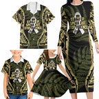 White Ribbon Day New Zealand Family Matching Long Sleeve Bodycon Dress and Hawaiian Shirt Respect Women Maori Pattern Yellow