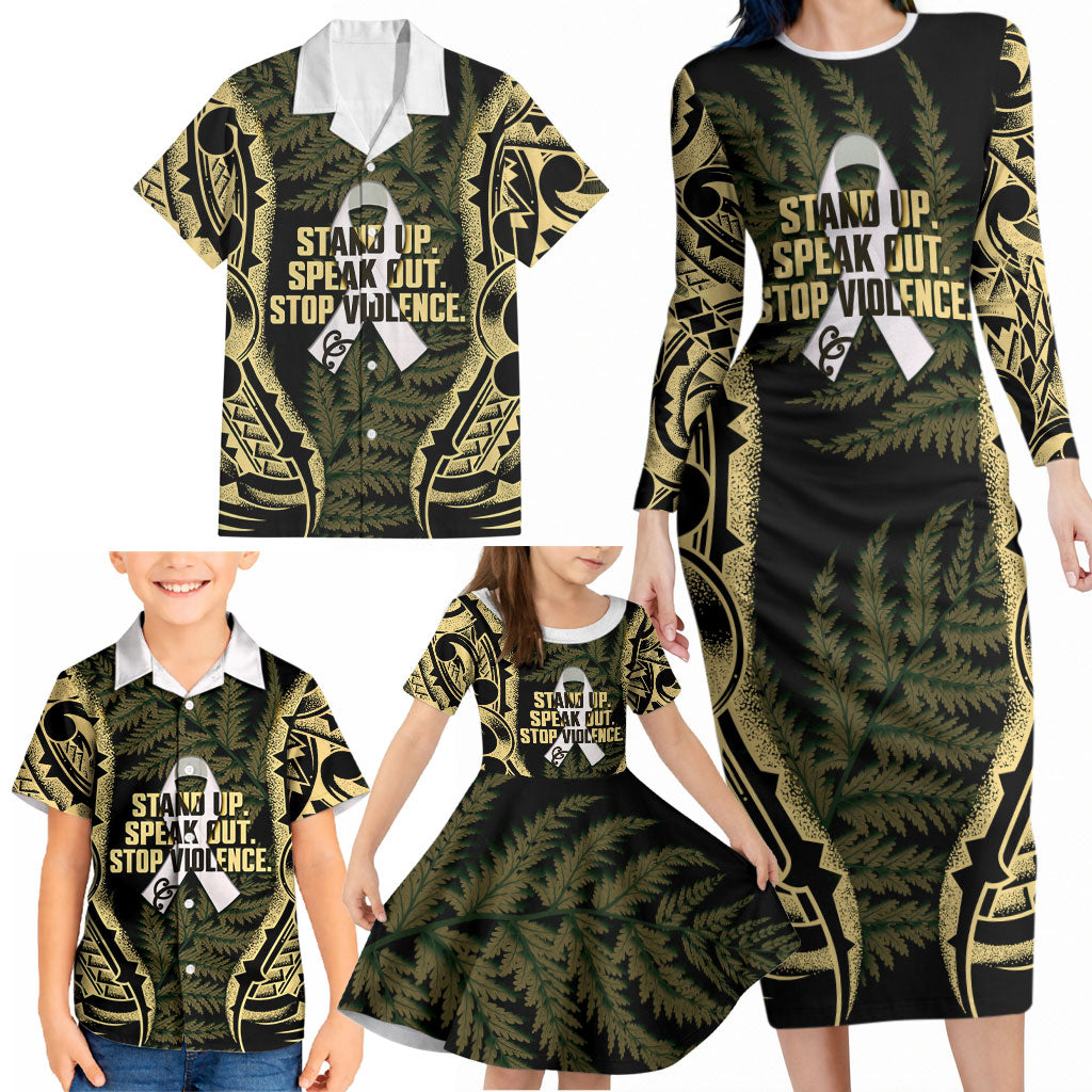 White Ribbon Day New Zealand Family Matching Long Sleeve Bodycon Dress and Hawaiian Shirt Respect Women Maori Pattern Yellow