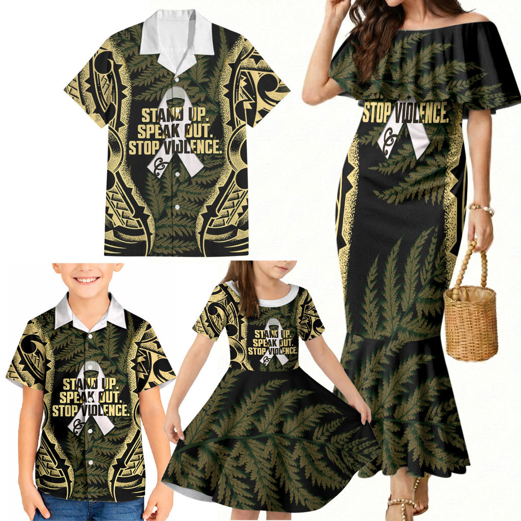 White Ribbon Day New Zealand Family Matching Mermaid Dress and Hawaiian Shirt Respect Women Maori Pattern Yellow