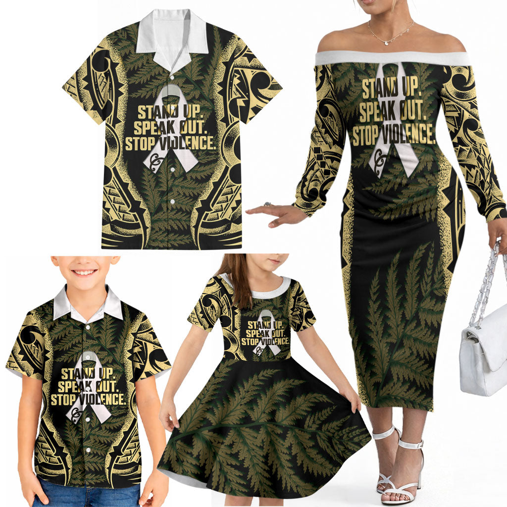White Ribbon Day New Zealand Family Matching Off The Shoulder Long Sleeve Dress and Hawaiian Shirt Respect Women Maori Pattern Yellow