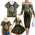 White Ribbon Day New Zealand Family Matching Off The Shoulder Long Sleeve Dress and Hawaiian Shirt Respect Women Maori Pattern Yellow