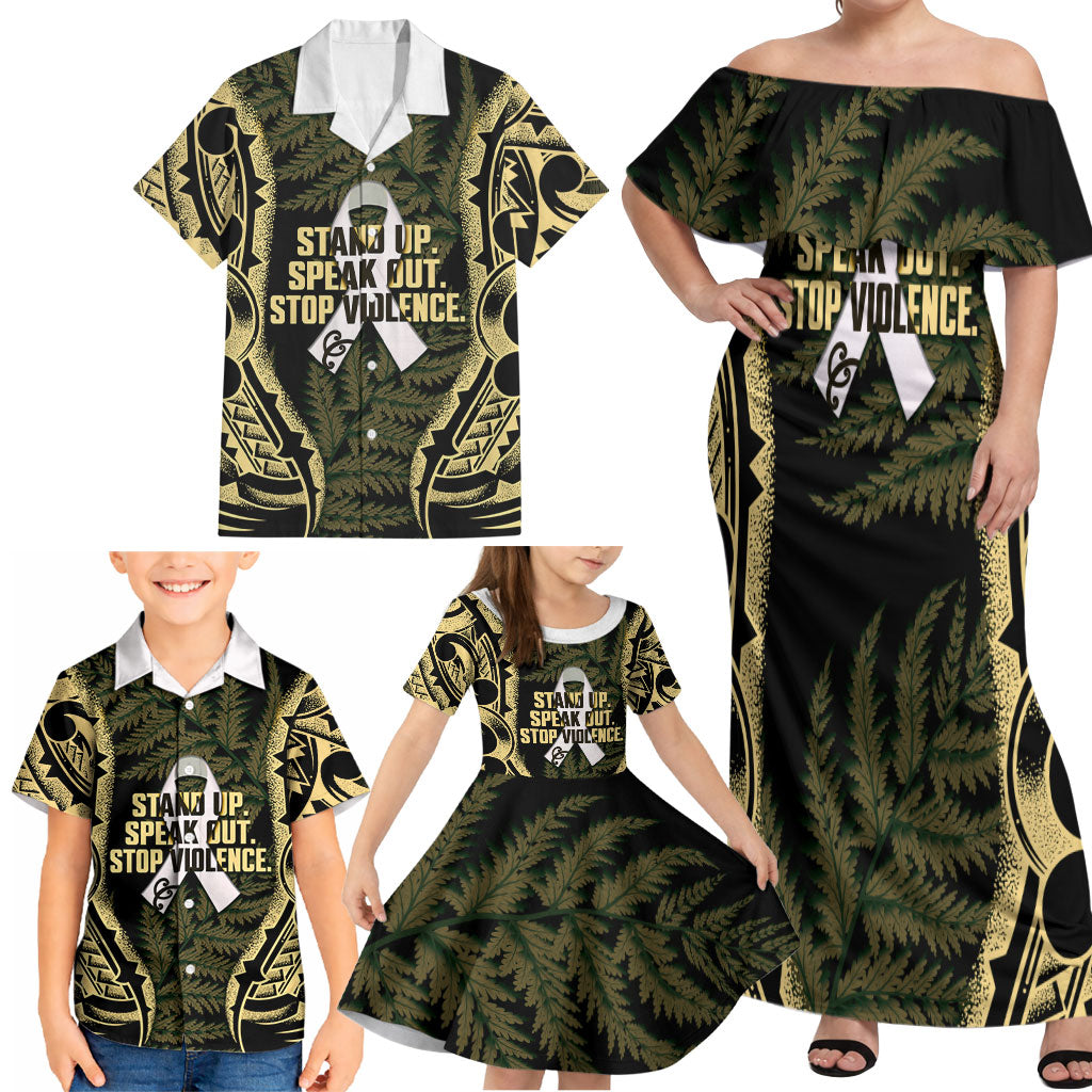 White Ribbon Day New Zealand Family Matching Off Shoulder Maxi Dress and Hawaiian Shirt Respect Women Maori Pattern Yellow