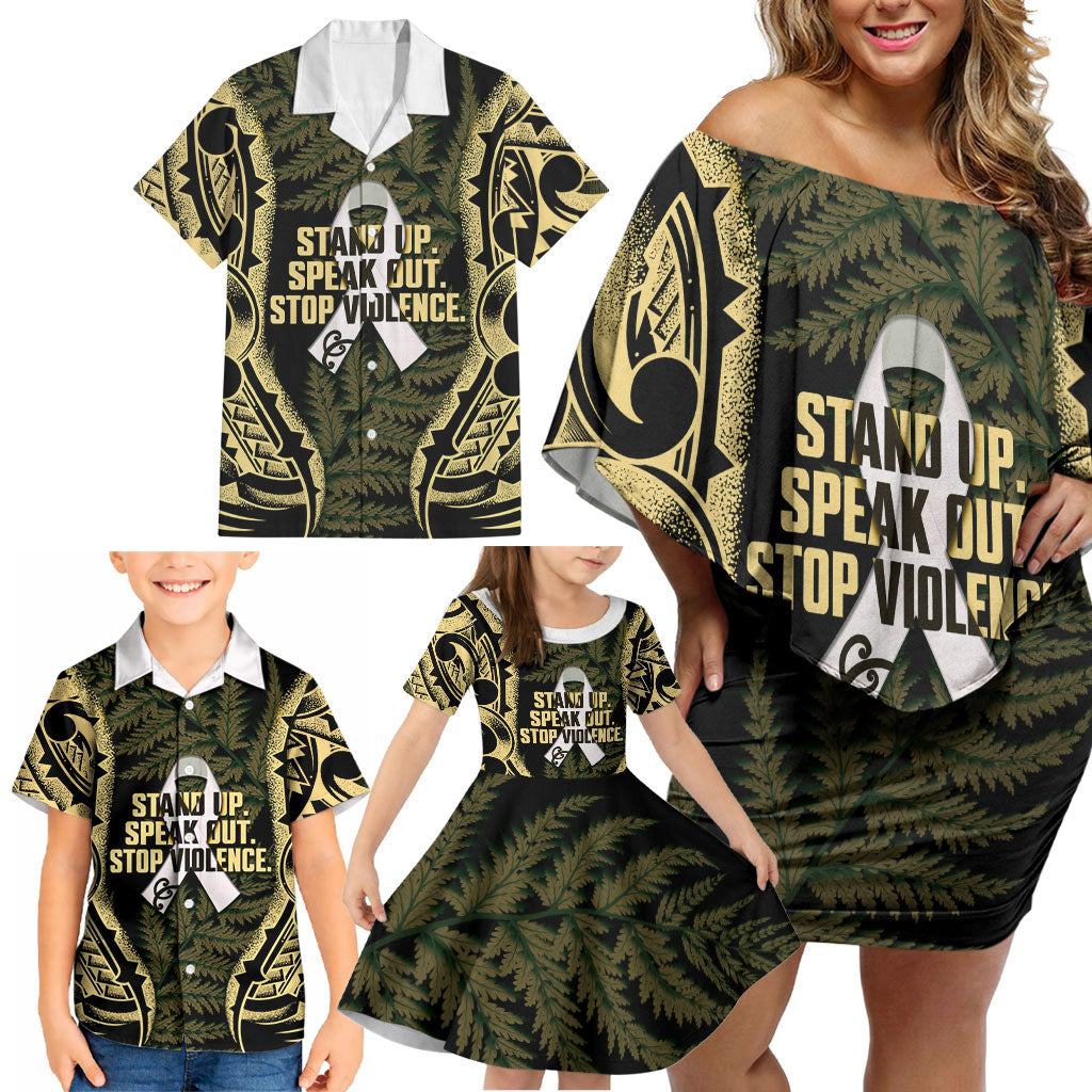 White Ribbon Day New Zealand Family Matching Off Shoulder Short Dress and Hawaiian Shirt Respect Women Maori Pattern Yellow