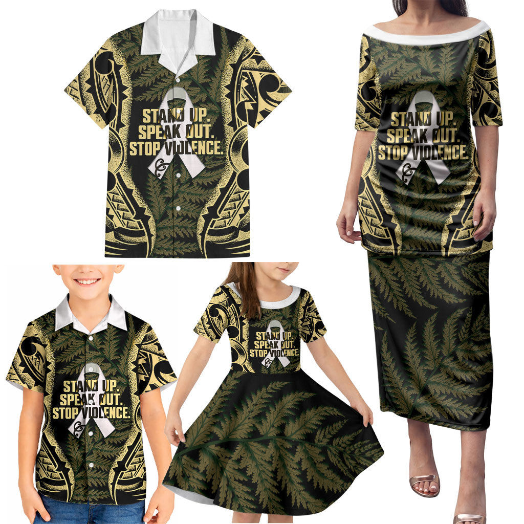 White Ribbon Day New Zealand Family Matching Puletasi and Hawaiian Shirt Respect Women Maori Pattern Yellow