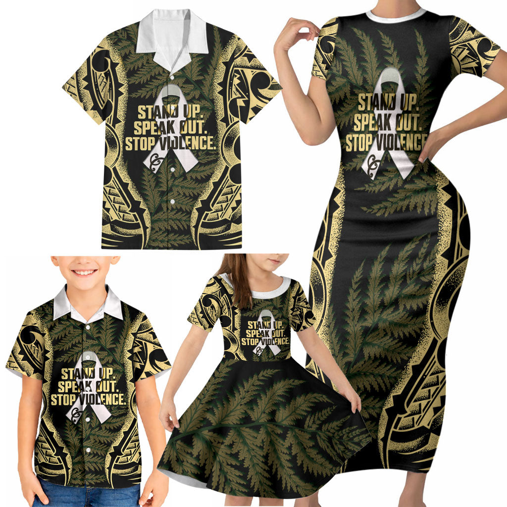 White Ribbon Day New Zealand Family Matching Short Sleeve Bodycon Dress and Hawaiian Shirt Respect Women Maori Pattern Yellow