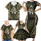 White Ribbon Day New Zealand Family Matching Short Sleeve Bodycon Dress and Hawaiian Shirt Respect Women Maori Pattern Yellow