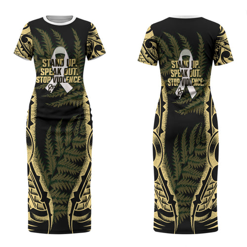 White Ribbon Day New Zealand Family Matching Short Sleeve Bodycon Dress and Hawaiian Shirt Respect Women Maori Pattern Yellow