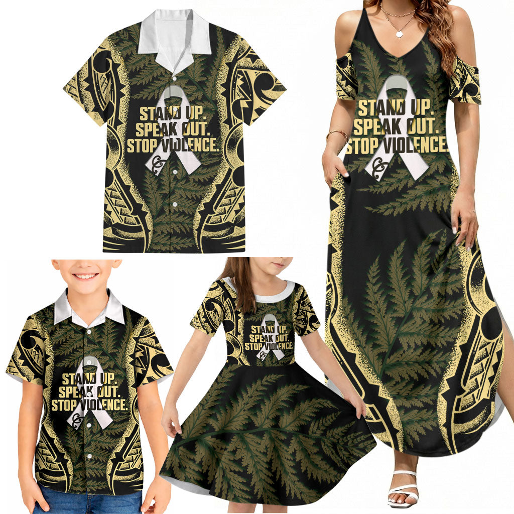 White Ribbon Day New Zealand Family Matching Summer Maxi Dress and Hawaiian Shirt Respect Women Maori Pattern Yellow