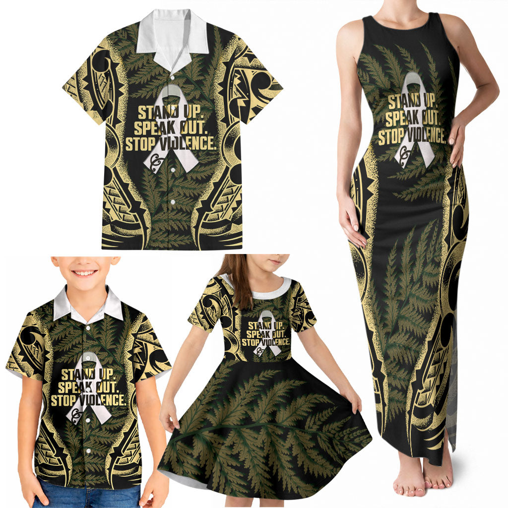 White Ribbon Day New Zealand Family Matching Tank Maxi Dress and Hawaiian Shirt Respect Women Maori Pattern Yellow