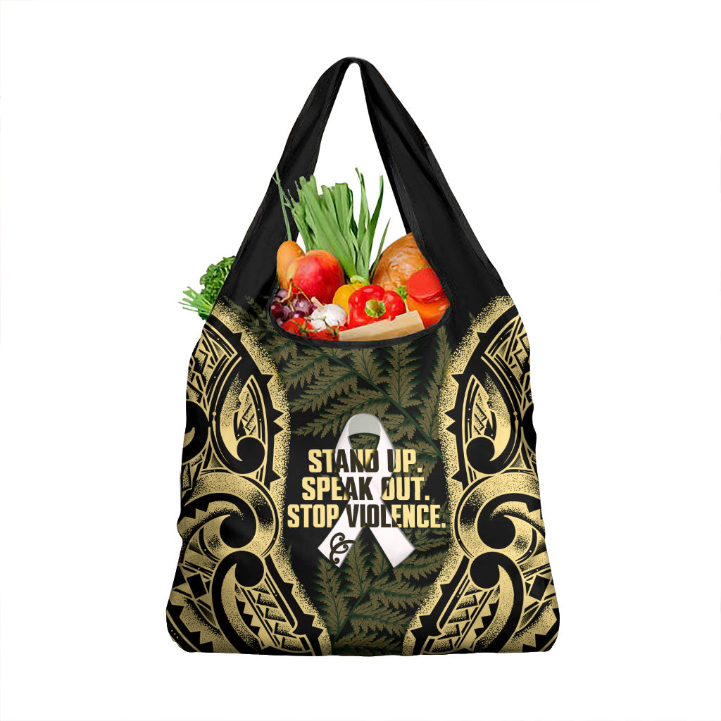 White Ribbon Day New Zealand Grocery Bag Respect Women Maori Pattern Yellow