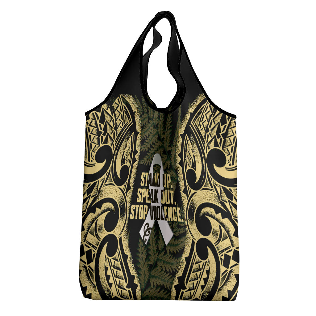 White Ribbon Day New Zealand Grocery Bag Respect Women Maori Pattern Yellow
