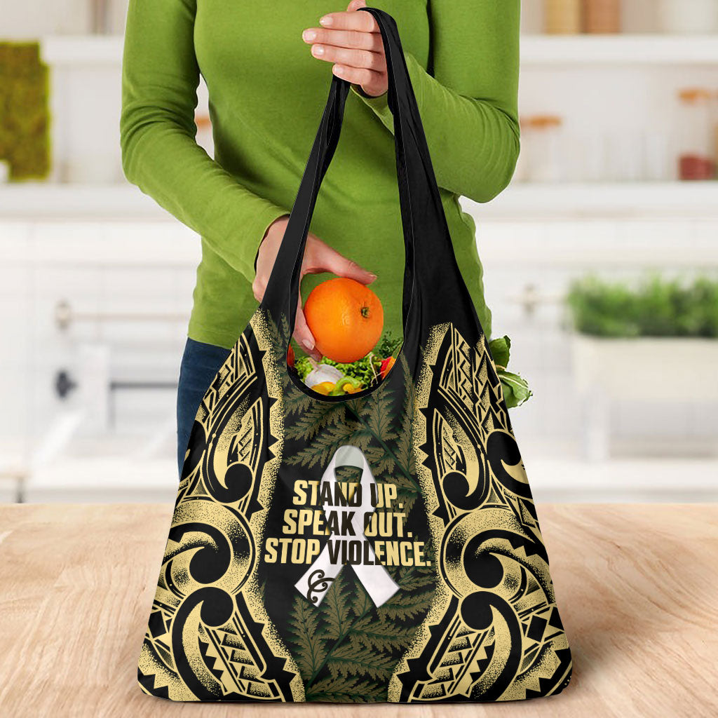 White Ribbon Day New Zealand Grocery Bag Respect Women Maori Pattern Yellow