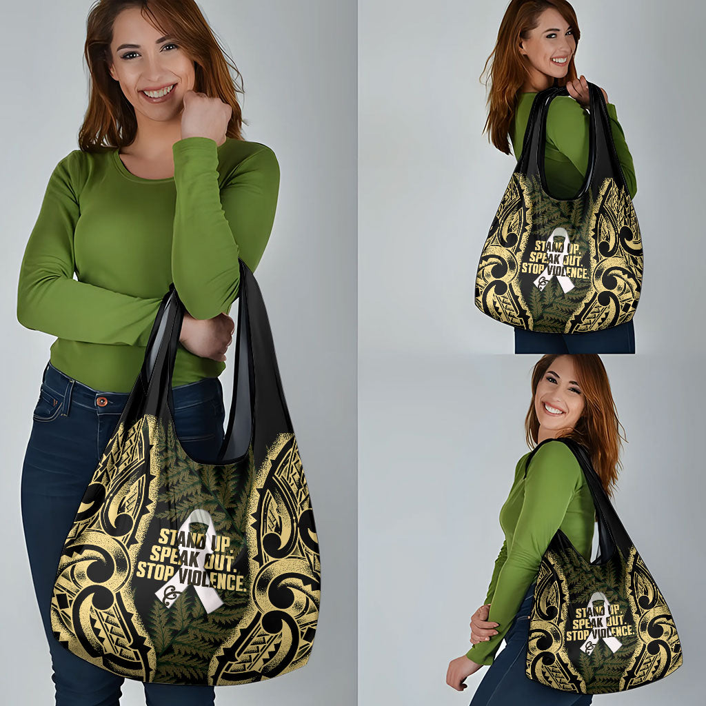 White Ribbon Day New Zealand Grocery Bag Respect Women Maori Pattern Yellow