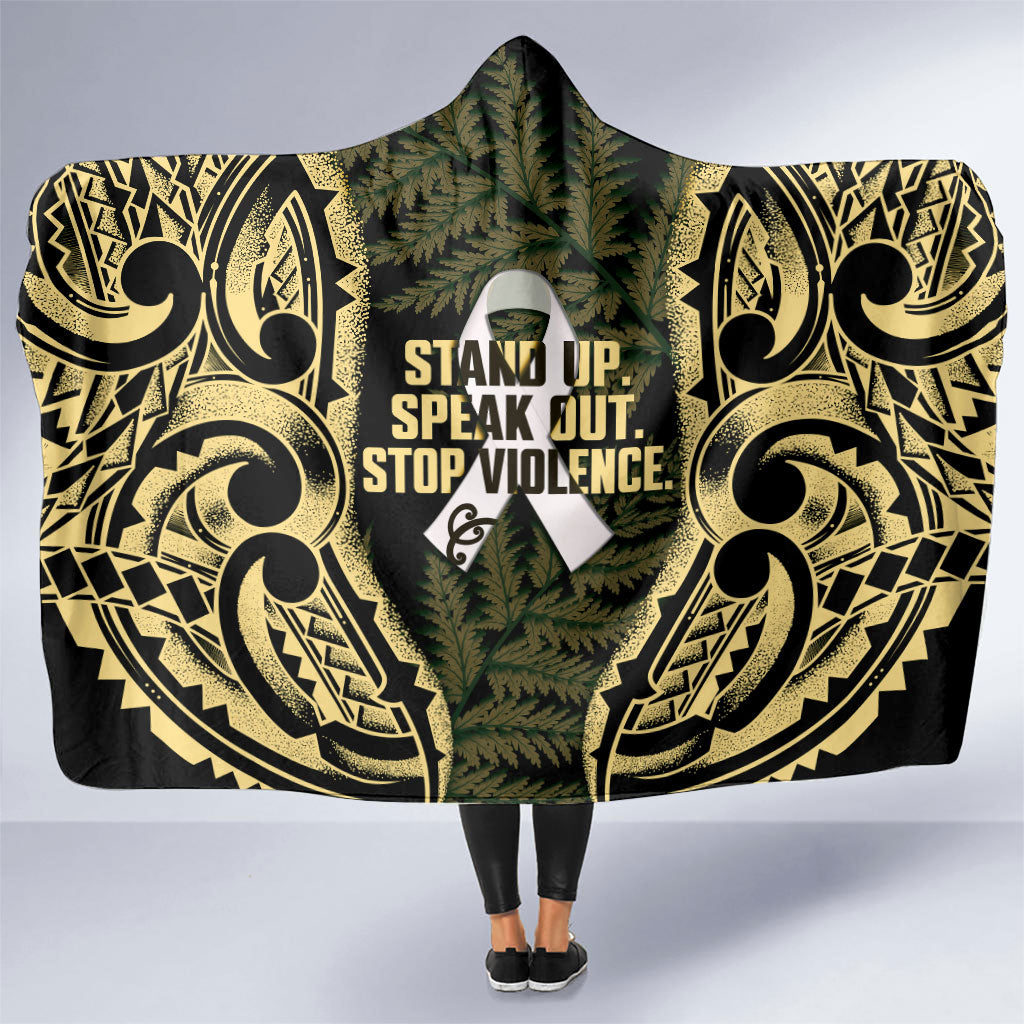 White Ribbon Day New Zealand Hooded Blanket Respect Women Maori Pattern Yellow