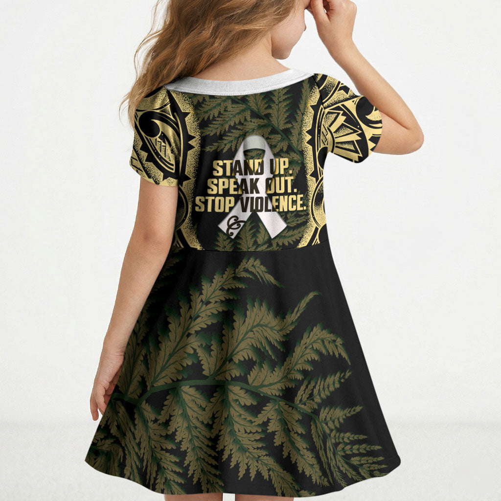 White Ribbon Day New Zealand Kid Short Sleeve Dress Respect Women Maori Pattern Yellow