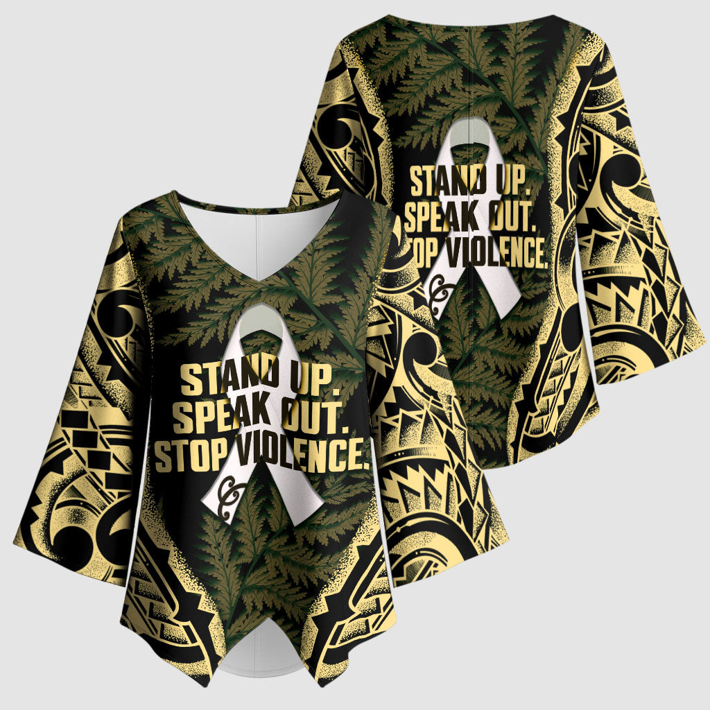 White Ribbon Day New Zealand Kimono Sleeve Blouse Respect Women Maori Pattern Yellow