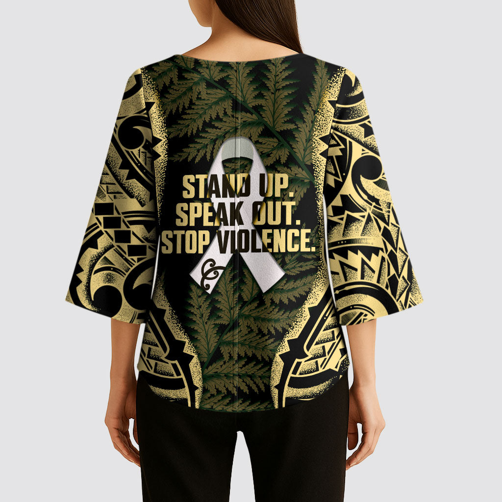 White Ribbon Day New Zealand Kimono Sleeve Blouse Respect Women Maori Pattern Yellow
