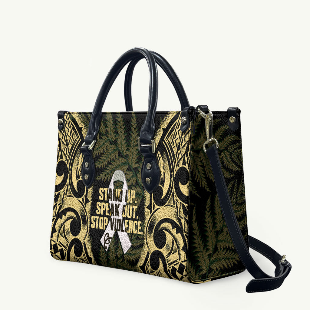 White Ribbon Day New Zealand Leather Bag Respect Women Maori Pattern Yellow