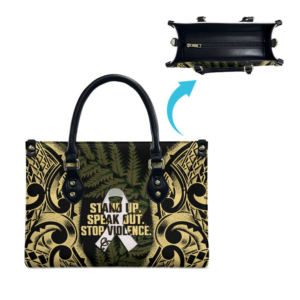 White Ribbon Day New Zealand Leather Bag Respect Women Maori Pattern Yellow