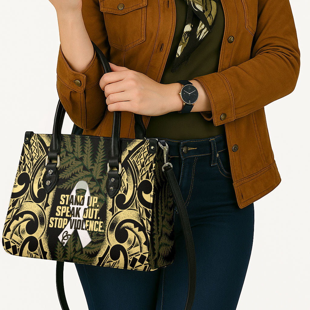White Ribbon Day New Zealand Leather Bag Respect Women Maori Pattern Yellow