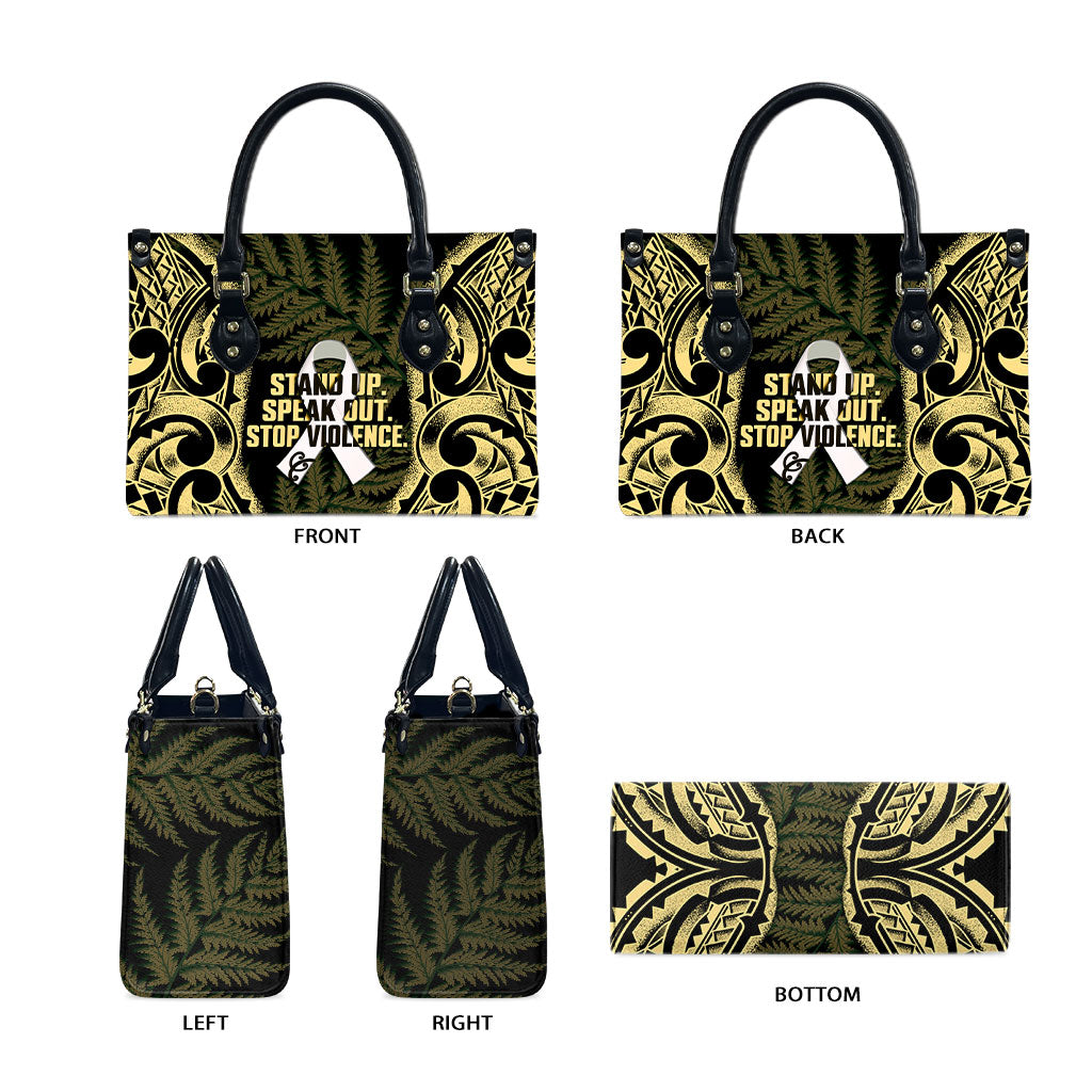 White Ribbon Day New Zealand Leather Bag Respect Women Maori Pattern Yellow