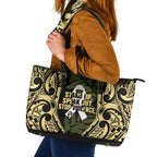 White Ribbon Day New Zealand Leather Tote Bag Respect Women Maori Pattern Yellow