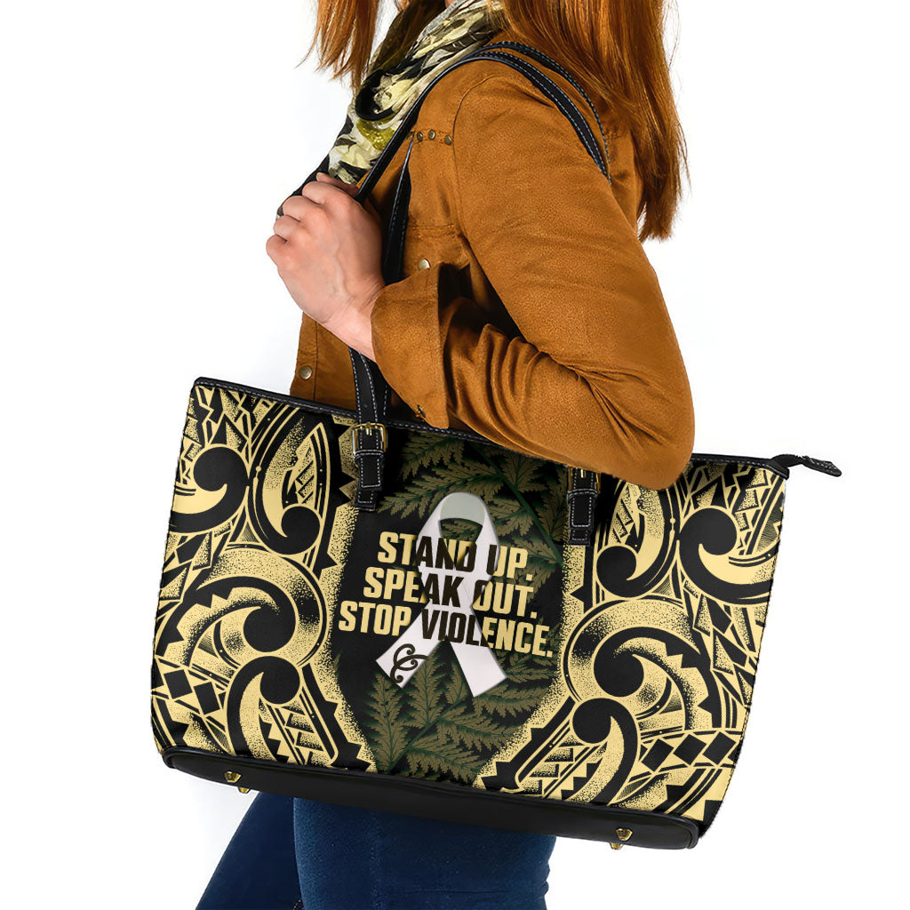 White Ribbon Day New Zealand Leather Tote Bag Respect Women Maori Pattern Yellow