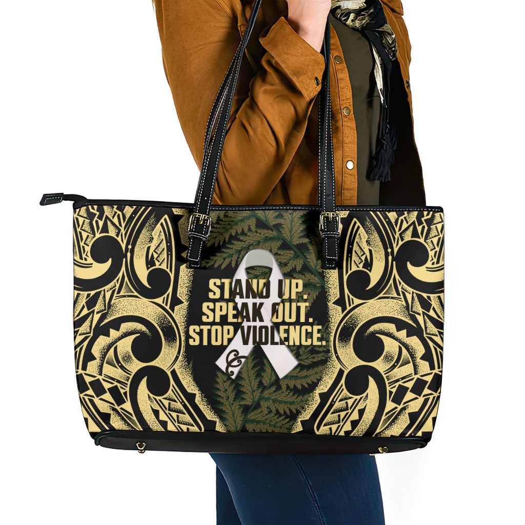 White Ribbon Day New Zealand Leather Tote Bag Respect Women Maori Pattern Yellow