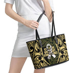 White Ribbon Day New Zealand Leather Tote Bag Respect Women Maori Pattern Yellow