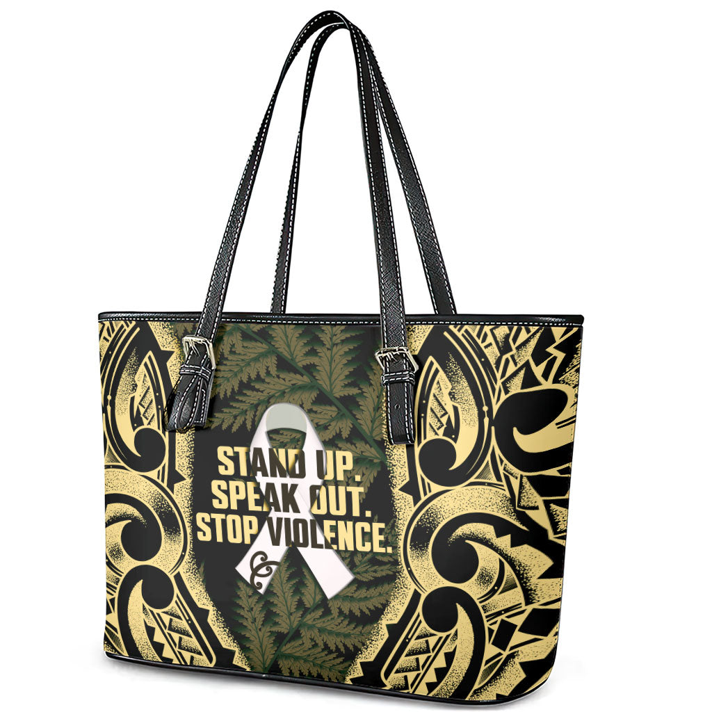 White Ribbon Day New Zealand Leather Tote Bag Respect Women Maori Pattern Yellow