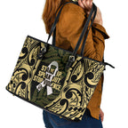 White Ribbon Day New Zealand Leather Tote Bag Respect Women Maori Pattern Yellow