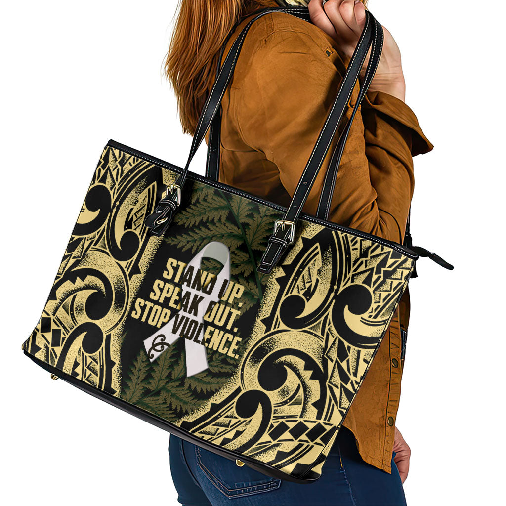 White Ribbon Day New Zealand Leather Tote Bag Respect Women Maori Pattern Yellow