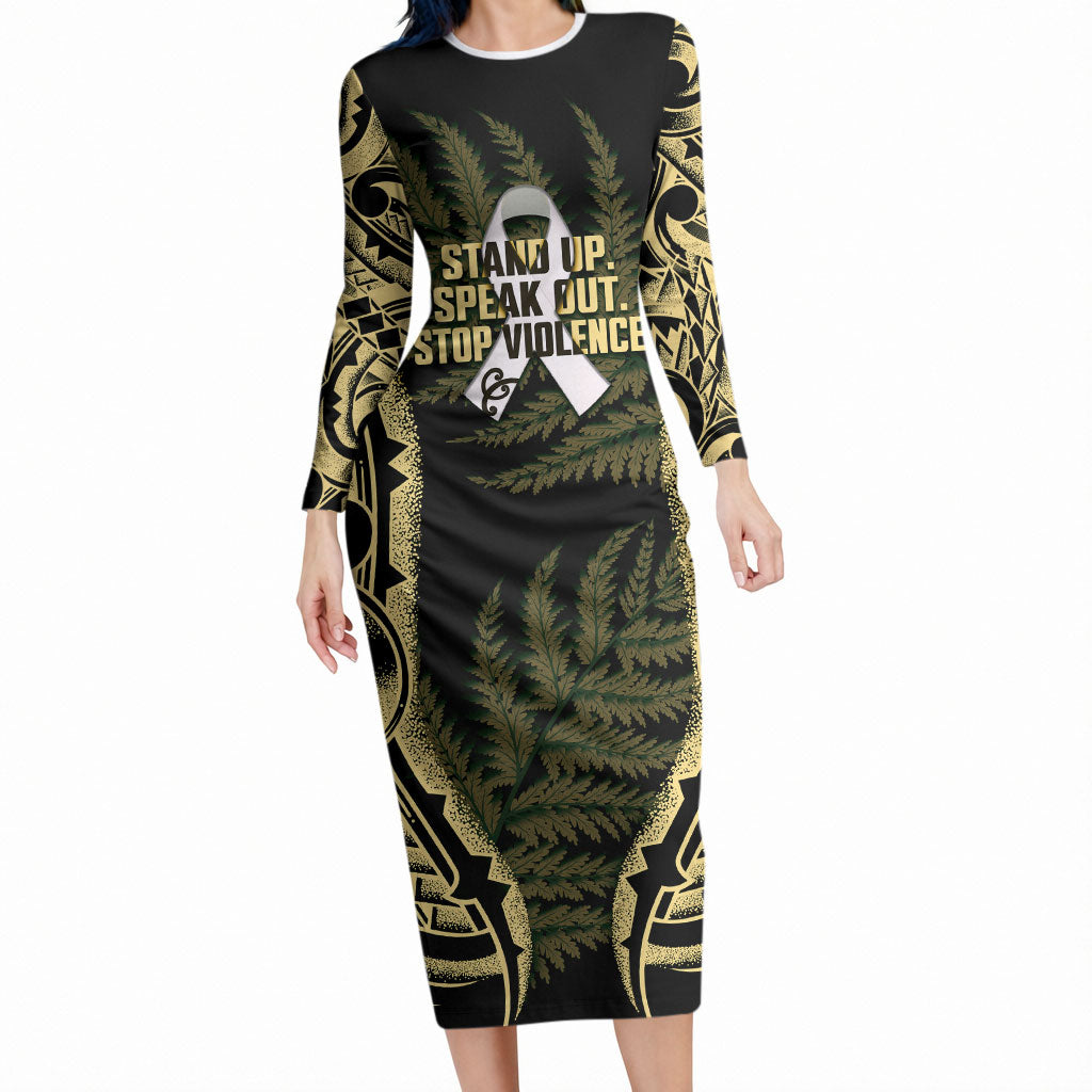 White Ribbon Day New Zealand Long Sleeve Bodycon Dress Respect Women Maori Pattern Yellow