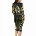 White Ribbon Day New Zealand Long Sleeve Bodycon Dress Respect Women Maori Pattern Yellow
